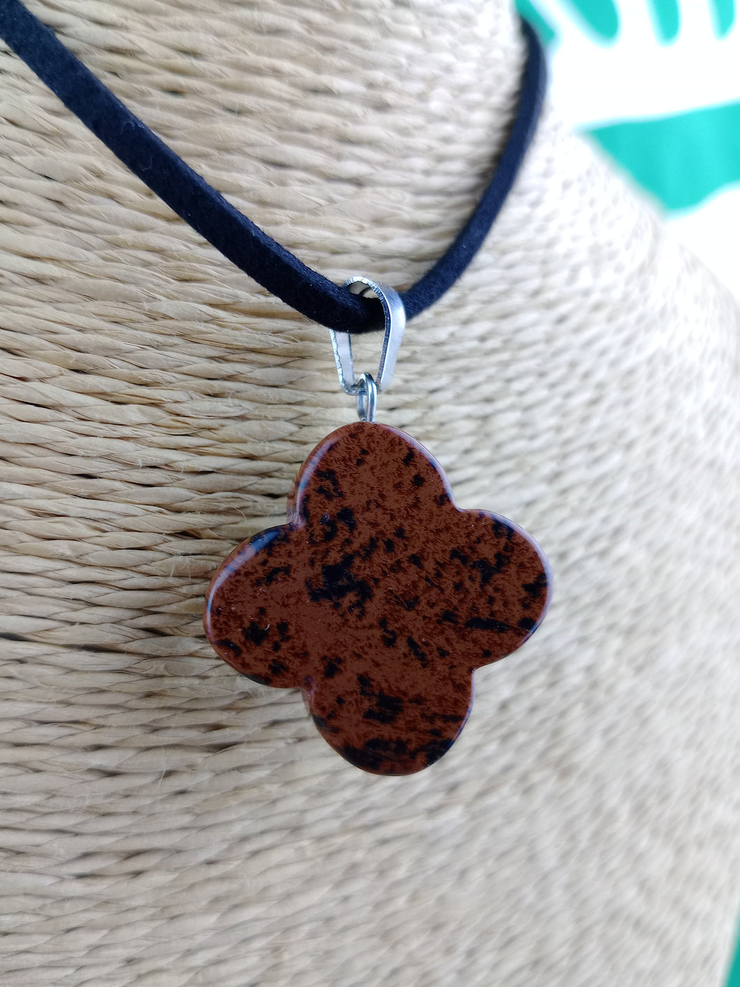 Colgante Trebol Suerte 4 Hojas Obsidiana Caoba