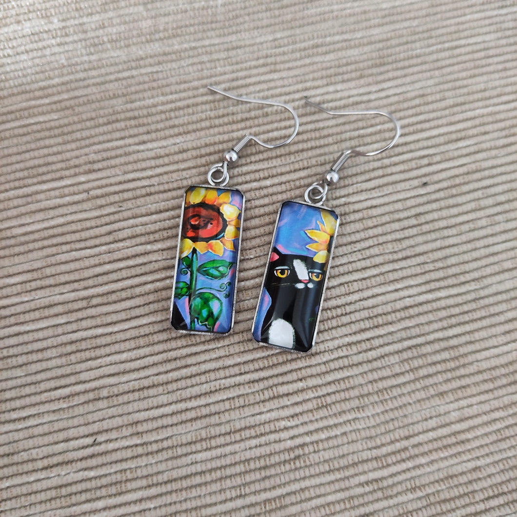 Pendientes Glass & Steel Gato y Girasol