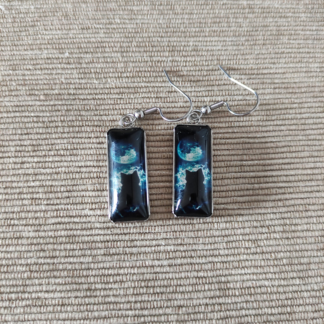 Pendientes Glass & Steel Gato Negro Luna Halloween